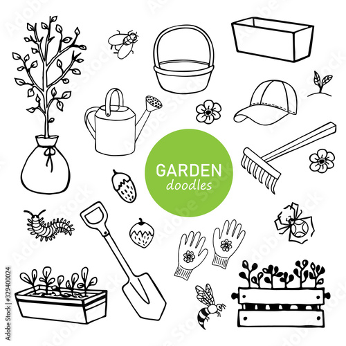 Black-white set of garden hand-drawn doodle elements, tools, plants, insects. Vector elements for printing, textile, design, logo.