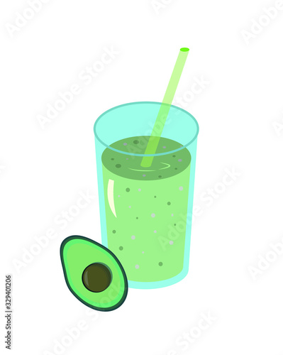 Avocado juice smoothie in a glass glass with fresh avocado and a straw.Fresh natural healthy fruit and berry drink. Vector illustration.