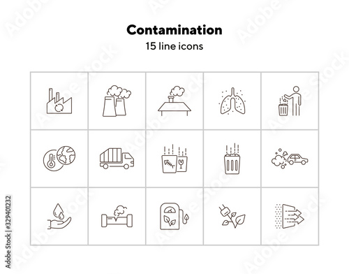 Contamination icons. Set of line icons. Air pollution, garbage, dust. Environment concept. Vector illustration can be used for topics like environment, nature, industry