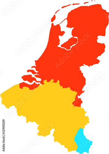 Vector illustration of the Map of Benelux (orange, yellow, blue)