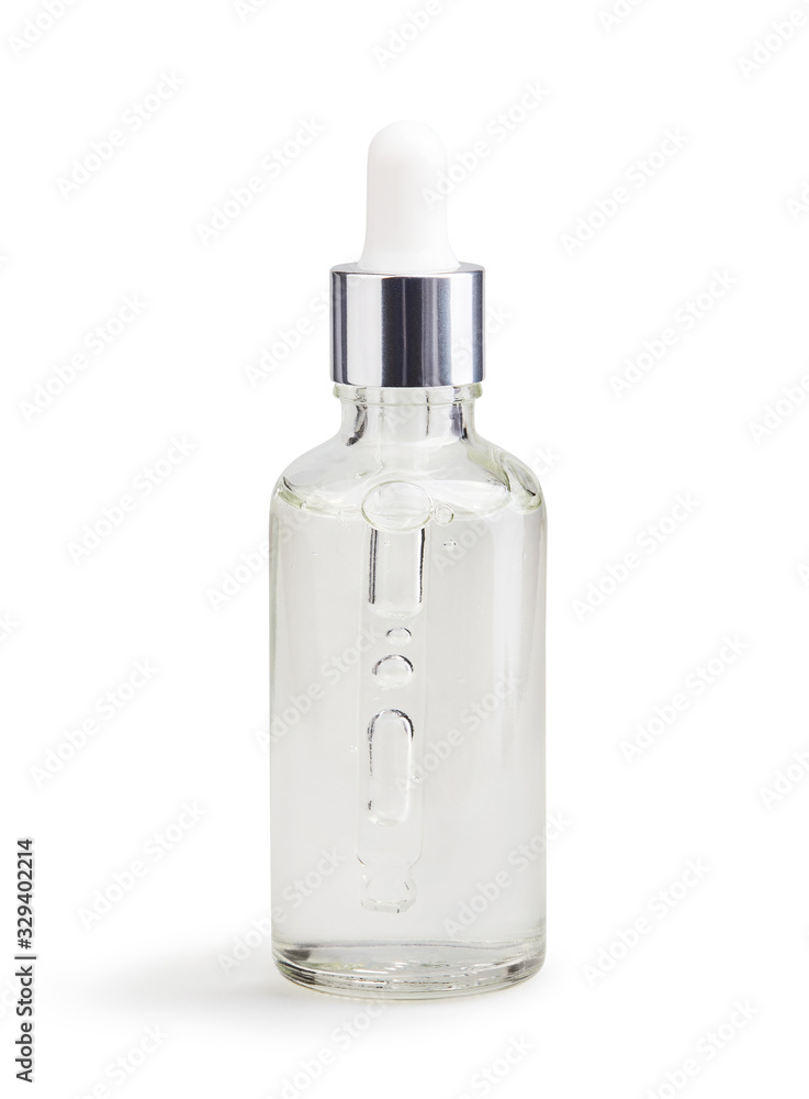 Hyaluronic acid in a glass bottle with pipette isolated on white background with clipping path, Liquid gel or serum, skin care cosmetics Hyaluronic acid in a glass bottle with pipette isolated on white background with clipping path, Liquid gel or serum, skin care cosmetics