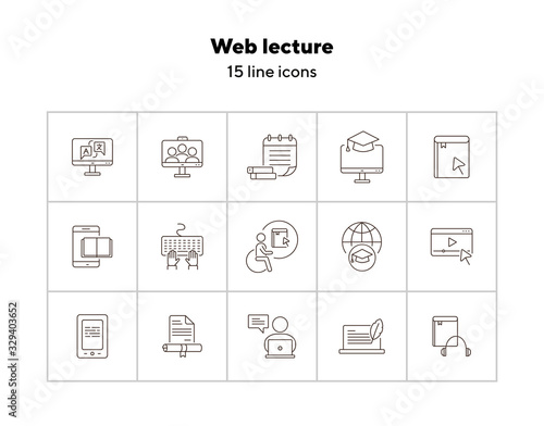 Web lecture line icon set. Computer, e-book, tutorial. Webinar concept. Can be used for topics like distant education, college, knowledge