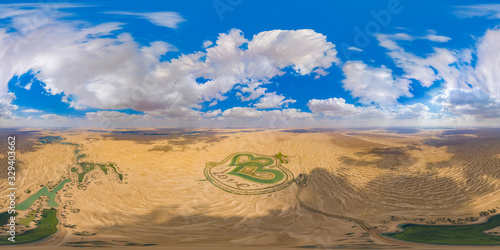 Canvas Print 360 panorama by 180 degrees angle seamless panorama of aerial top view of love lake and sand desert, Heart shaped lakes in Al Qudra in Dubai, United Arab Emirates or UAE