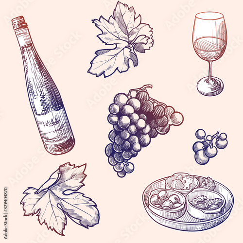 Georgian wine culture seamless pattern. Wine bottle and glass, grapevine leaves and berries clasters. EPS10 vector illustration photo