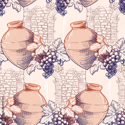 Seamless pattern. Georgian traditional vineyard with kvevri, grapevine and stone wall texture. Monochrome sketch isolated on white background. EPS10 vector illustration