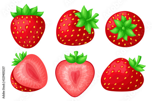 Set of ripe juicy strawberries. Whole berry fruits and slices of different shapes. Colorful simple flat cartoon style. Isolated vector illustration.