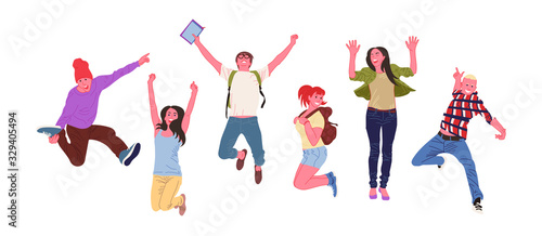 Happy group of young people are jumping and smiling. Creative vector illustration on white background. Young students with backpacks.