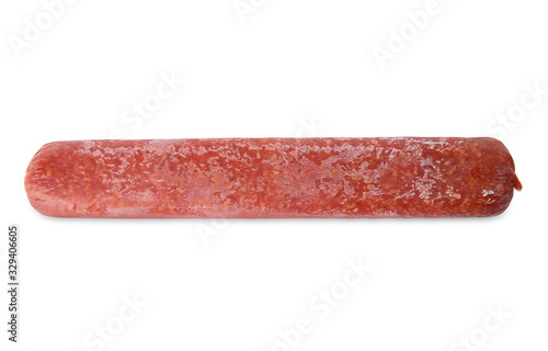 Delicious smoked sausage isolated on white. Fresh meat product