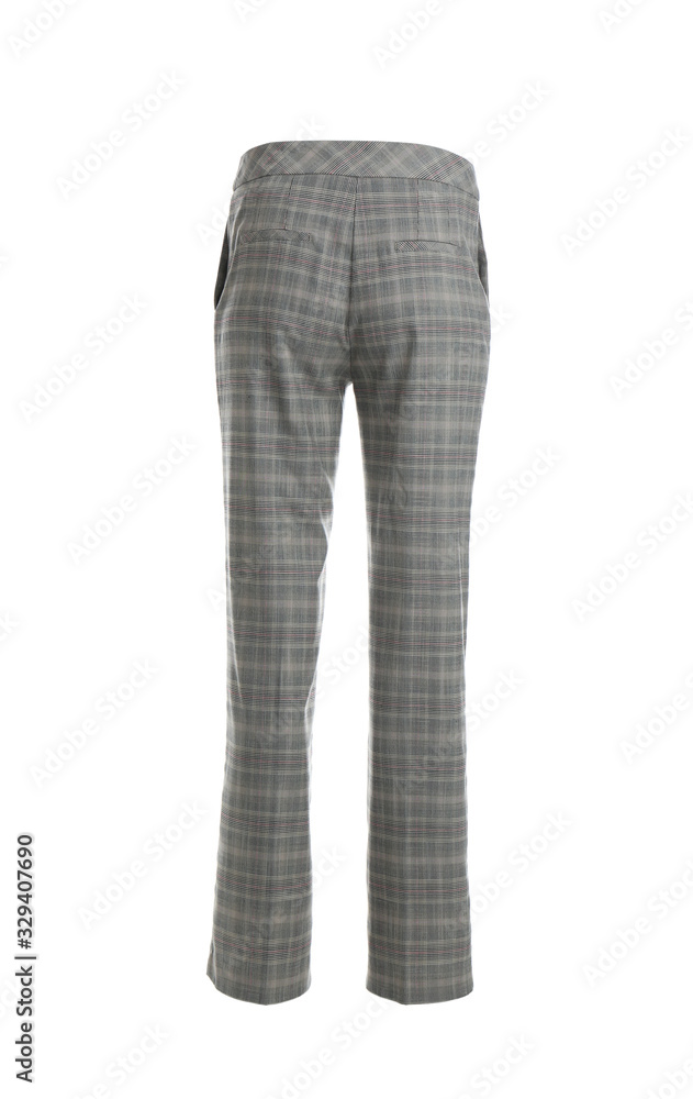 Elegant grey trousers on mannequin against white background, back view. Women's clothes Elegant grey trousers on mannequin against white background, back view. Women's clothes
