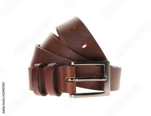 Stylish brown leather belt isolated on white photo