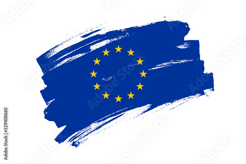 Flag of  European Union. European blue banner brush concept with Circle of stars. Horizontal vector  Council of Europe flag Illustration isolated on white background.  