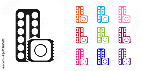 Black Packaging of birth control pills and condom in package safe sex icon isolated on white background. Contraceptive pill. Set icons colorful. Vector Illustration