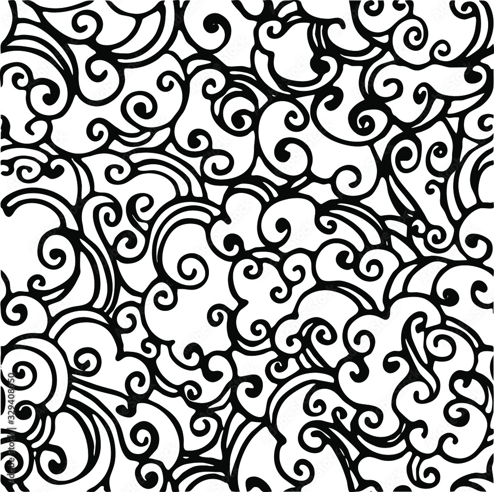 Vector. Patern with the image of clouds, curving lines, curls. Traditional oriental ornament.  Abstract geometric seamless pattern. Textiles, wallpaper. Blue on a white background.