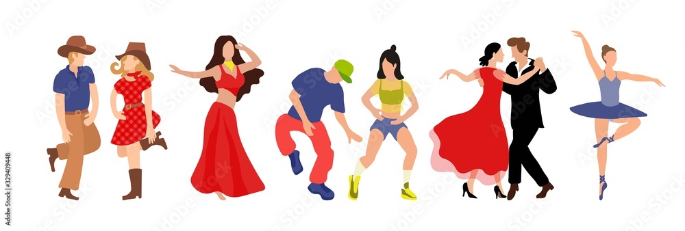 Vector set of clip-art professional dance couple dancing tango, country,  hip hop, belly dance, ballet. Illustration of a flat faded style for the  design of a competition poster or dance school. Stock
