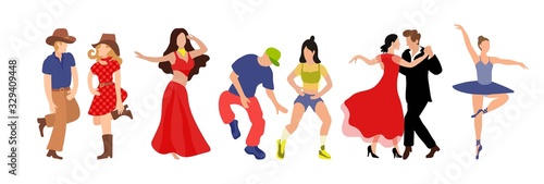 Vector set of clip-art professional dance couple dancing tango, country, hip hop, belly dance, ballet. Illustration of a flat faded style for the design of a competition poster or dance school.