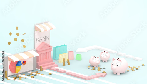 Fototapeta Naklejka Na Ścianę i Meble -   Online shopping  sales and Online Banking Mobile Concept Digital marketing with money and online computer connections  on blue Background  - 3d rendering