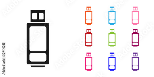 Black USB flash drive icon isolated on white background. Set icons colorful. Vector Illustration