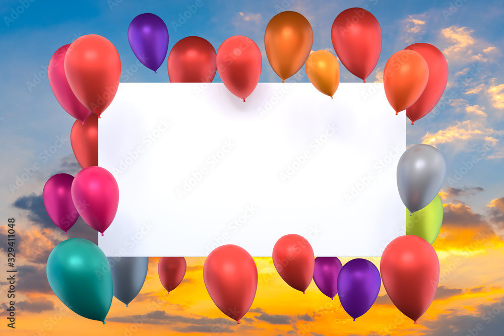 3D rendering,white card with multicolored inflatable air balloons on