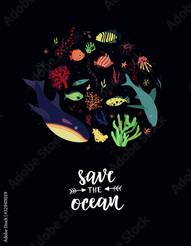 Underwater sea world dwellers, flora and fauna elements. Algae, coral reef, kelp, killer whale, dolphin. Vector cartoon illustration.	