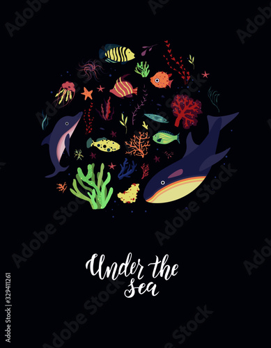 Underwater sea world dwellers, flora and fauna elements. Algae, coral reef, kelp, killer whale, dolphin. Vector cartoon illustration.	
