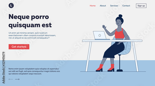 Blogger waving hello at monitor. Woman using laptop for video call flat vector illustration. Communication, blog concept for banner, website design or landing web page