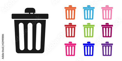 Black Trash can icon isolated on white background. Garbage bin sign. Recycle basket icon. Office trash icon. Set icons colorful. Vector Illustration