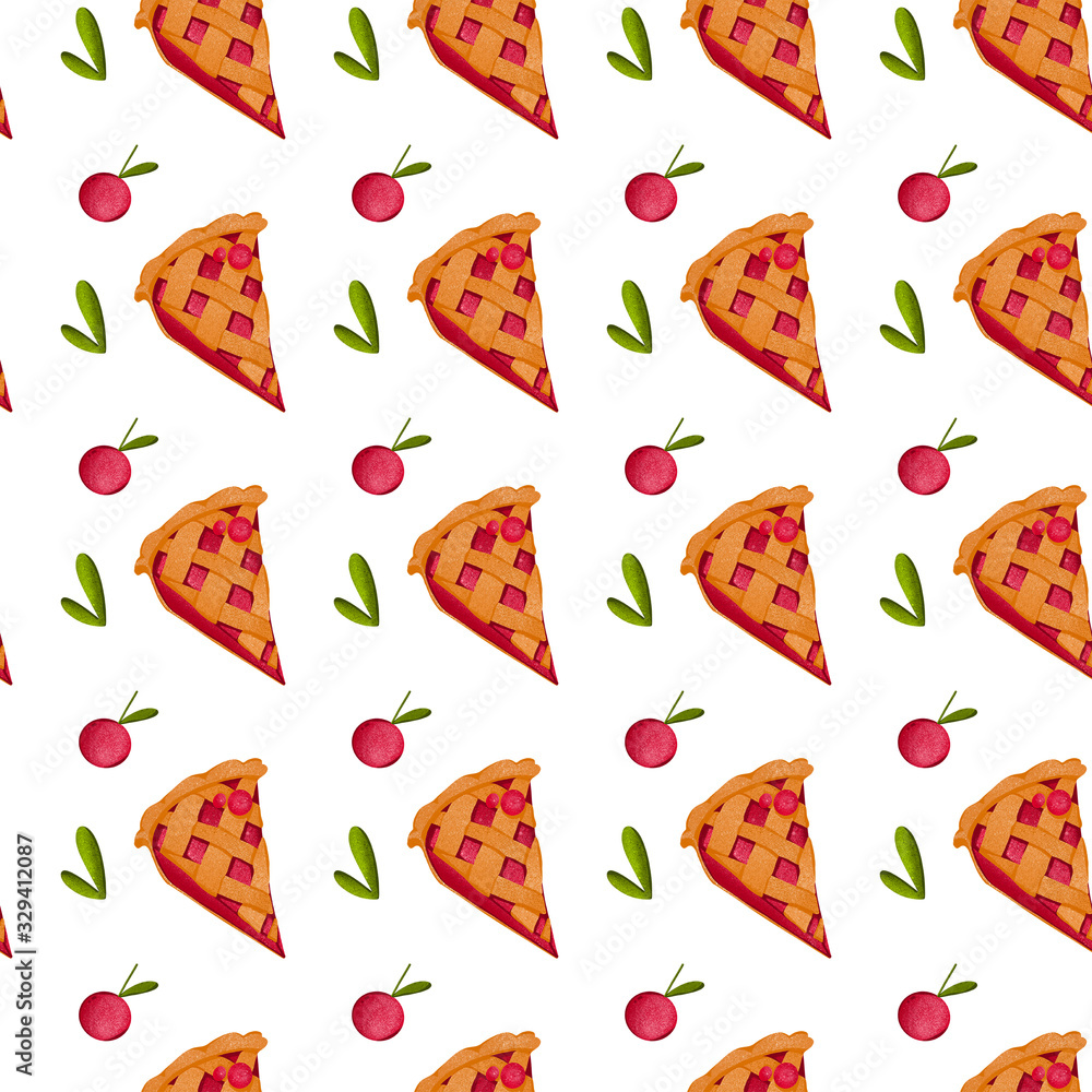 Cute red cherry pie digital art textural seamless pattern on white background. Print for fabrics, packaging bags, paper, boxes, cards, invitations, banners, posters, stationery. Cute red cherry pie digital art textural seamless pattern on white background. Print for fabrics, packaging bags, paper, boxes, cards, invitations, banners, posters, stationery.