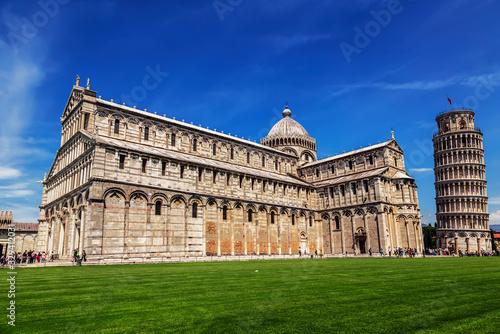 The Pisa Cathedral and the Leaning Tower of Pisa in Pisa, Italy.