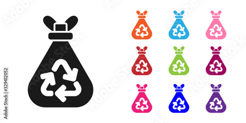 Black Garbage bag with recycle symbol icon isolated on white background. Trash can icon. Recycle basket sign. Set icons colorful. Vector Illustration