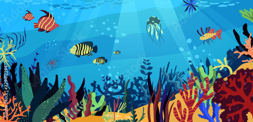 Underwater world in the ocean. Coral reef, fishes, medusa, undersea fauna of tropics. Flat cartoon vector illustration.