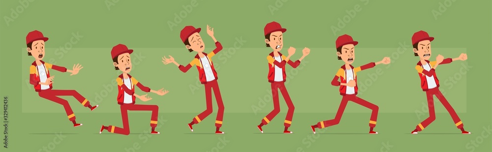 Cartoon cute funny young sportsman guy character in red cap and hoodie. Angry hipster ready to fight. Ready for animations. Isolated on green background. Big vector icon set.