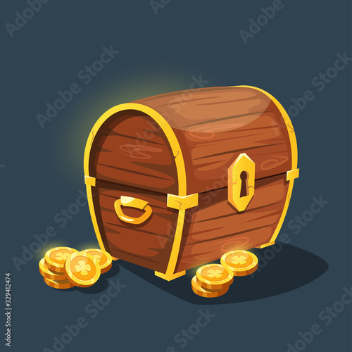 A chest of gold. Vintage wooden chest with goldens coins. Pirate coffer with gold. Cartoon old chest for the game interface.