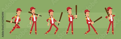 Cartoon cute funny young sportsman guy character in red cap and hoodie.Smiling hipster fighting with baseball bat. Ready for animations. Isolated on green background. Big vector icon set.