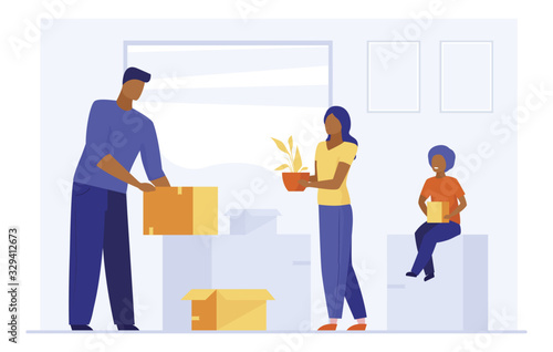 Family moving to new home. People unpacking boxes and carrying home plants flat vector illustration. Rent, mortgage, relocation concept for banner, website design or landing web page