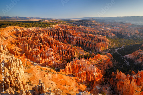 Inspiration Point during beautiful sunrise, with hoodoos - unique rock formations from sandstone made by geological erosion. Bryce National Park, Nevada, USA