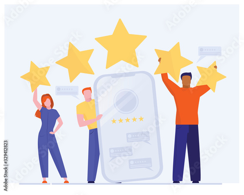 Positive customer feedback. People holding award stars flat vector illustration. High rate, satisfaction, review concept for banner, website design or landing web page