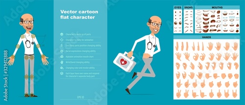 Cartoon funny scientist or doctor with stethoscope and glasses. Ready for animations. Face expressions, eyes, brows, mouth and hands easy to edit. Isolated on blue background. Big vector icon set.