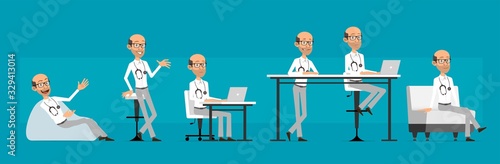 Cartoon cute funny old doctor character with stethoscope and glasses. Scientist working on laptop and resting on sofa. Ready for animations. Isolated on blue background. Big vector icon set.