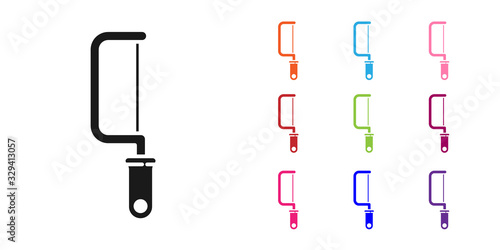 Black Hacksaw icon isolated on white background. Metal saw for wood and metal. Set icons colorful. Vector Illustration