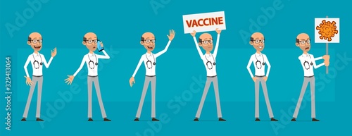 Cartoon cute funny old doctor character with stethoscope and glasses. Scientist with vaccine sign against coronavirus. Ready for animations. Isolated on blue background. Big vector icon set.