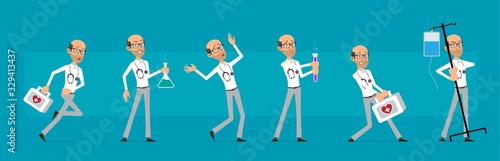 Cartoon funny old doctor character with stethoscope and glasses. Smart scientist with flask, first aid kit and drop counter. Ready for animations. Isolated on blue background. Big vector icon set.