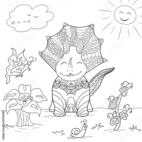 solated dinosaur with horns. Coloring page outline of cartoon dinosaur. Vector artwork illustration. Black outline. Hand drawing coloring book for adults and children. Design T shirt, postcard, flyer