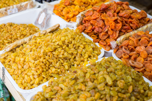 general plan of the store counter with the sale of a variety of dried fruits. High-calorie nutrition of dry fruits.