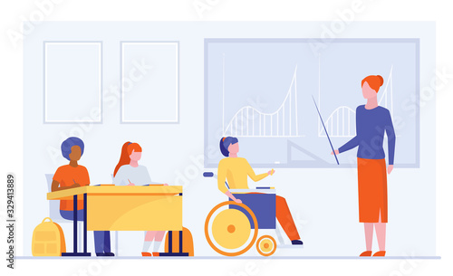 Disable student in class. Girl in wheelchair discussing graphs with teacher flat vector illustration. Education, diversity, school concept for banner, website design or landing web page