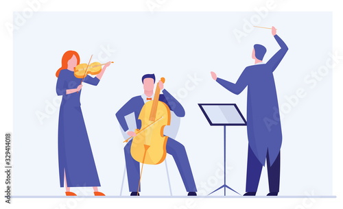 Orchestra playing classical symphony. Conductor, musicians with violin, alto flat vector illustration. Music, concert, philharmonic theater concept for banner, website design or landing web page