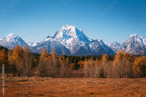 Oxbow Bend viewpoint with detail on mt. Moran and wildlife, Grand Teton National park, Wyoming, USA