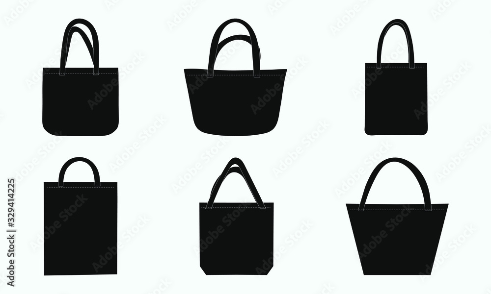 Set of black tote shopping eco fabric bags. Vector illustration of mockup blank template isolated on gray background. Canvas bags. Set of black tote shopping eco fabric bags. Vector illustration of mockup blank template isolated on gray background. Canvas bags.