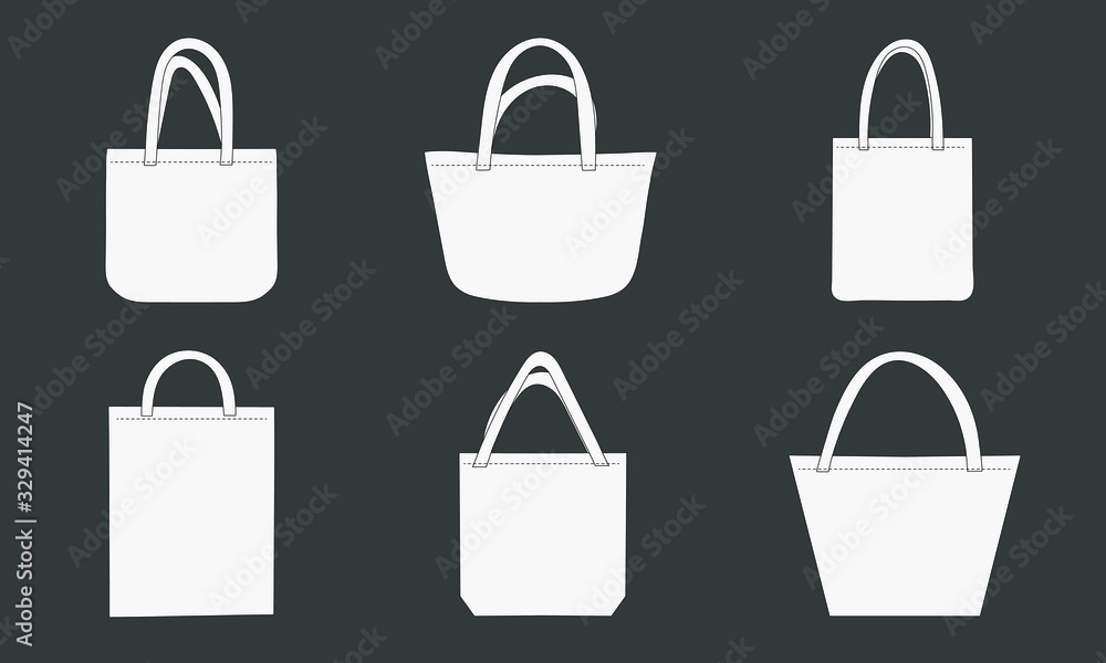 Set of white tote shopping eco fabric bags. Vector illustration of mockup blank template isolated on gray background. Canvas bags. Set of white tote shopping eco fabric bags. Vector illustration of mockup blank template isolated on gray background. Canvas bags.