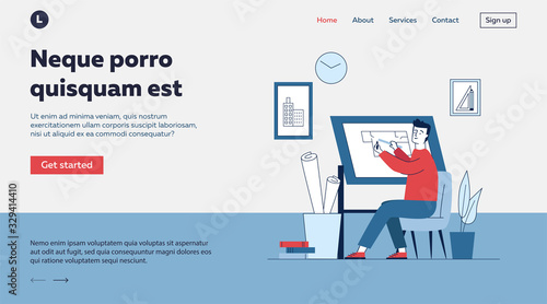 Architect working on plan at drawing board. Sitting man measuring length with ruler flat vector illustration. Architecture, planning, drafting concept for banner, website design or landing web page