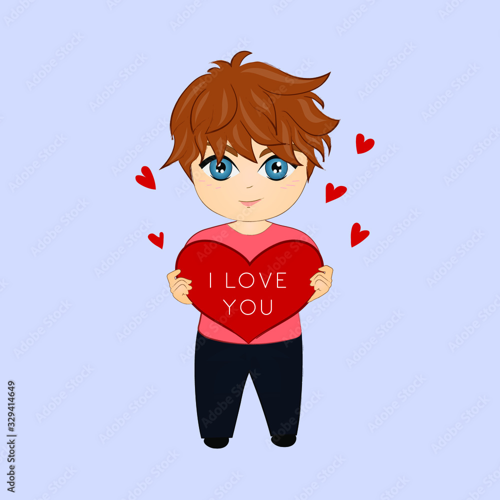 Vector illustration of cute cartoon boy holding big red heart with Vector illustration of cute cartoon boy holding big red heart with